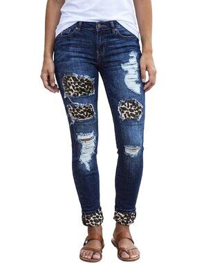 Medium Distressed Ripped Jeans with Leopard Print Patchwork, Slim Fit Cuffed Hem